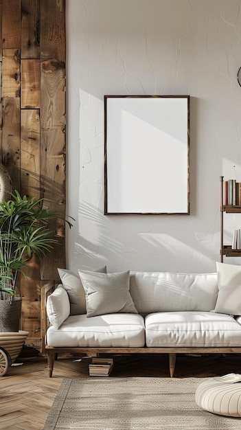 mockup frame on light wall near bookshelf in cozy simple living room interior