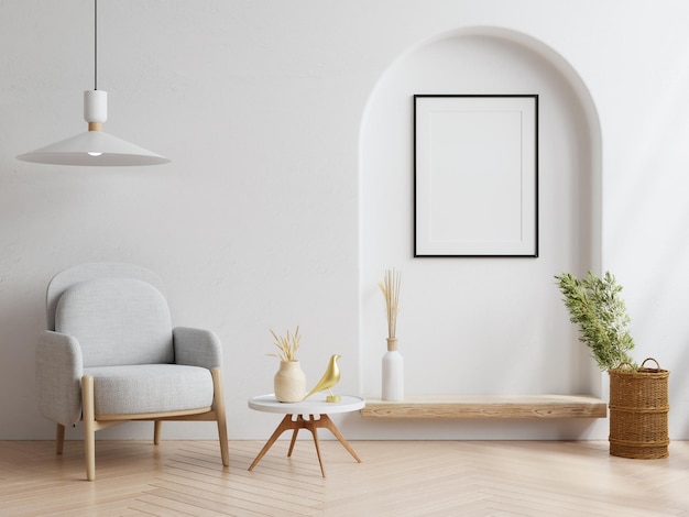 Mockup frame in living room interior with armchair and decorScandinavian style