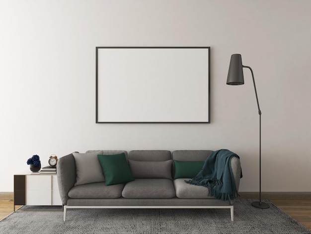 Mockup frame in living room with blank frame gray sofa carpet pillows lamp and pampas vase