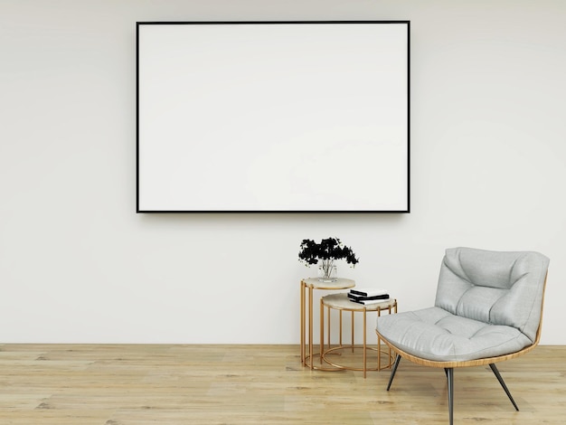 Mockup frame met leeg frame witte moderne stoel roestvrij koffietafel parketvloer 3D-rendering