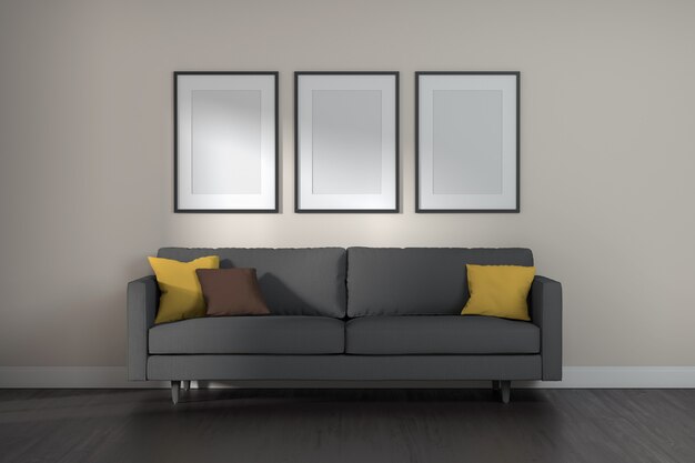 Mockup frame in minimal living room interior background. 3d render.