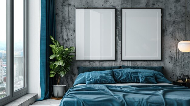 Mockup frame in modern bedroom interior background 3d render