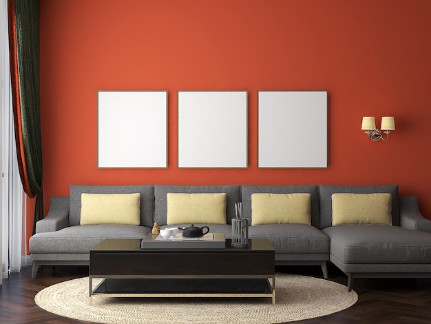 Mockup frame in modern interior with red painted wall grey sofa and round carpet