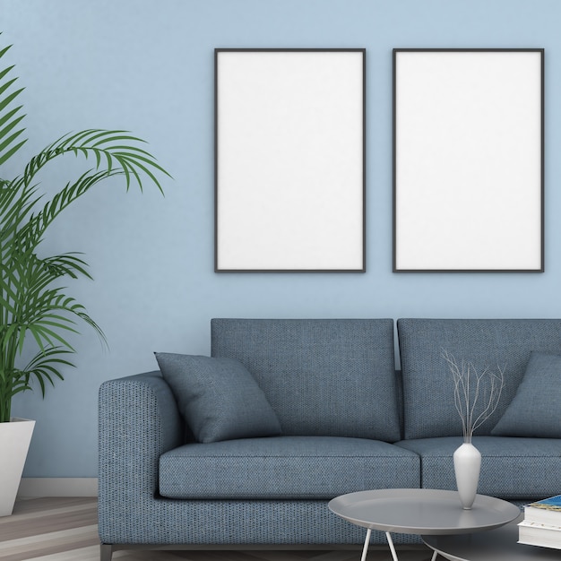 Mockup frame op blauwe muur met sofa, moderne stijl, poster mockup, 3d-rendering