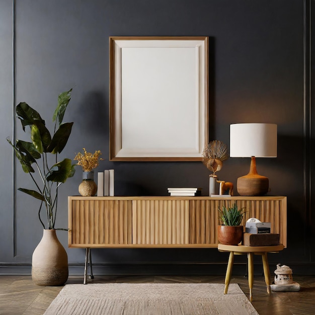 Mockup frame op kast in woonkamer interieur op lege donkere muur achtergrond