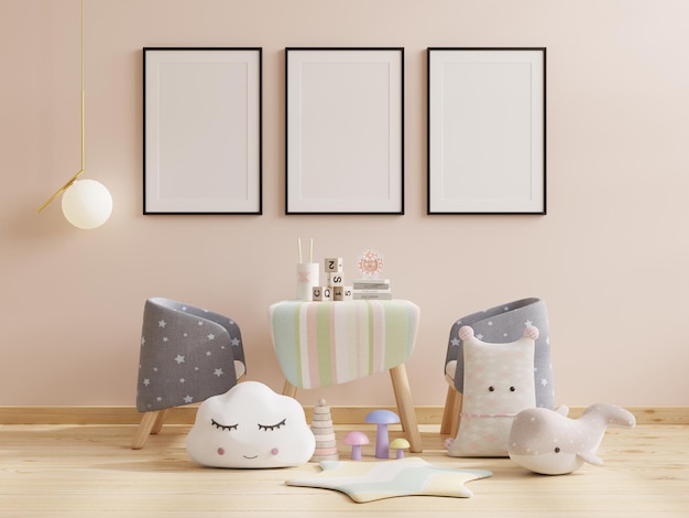 Photo mockup frame photo in the children's room, bedroom interior on wall white color background.3d rendering