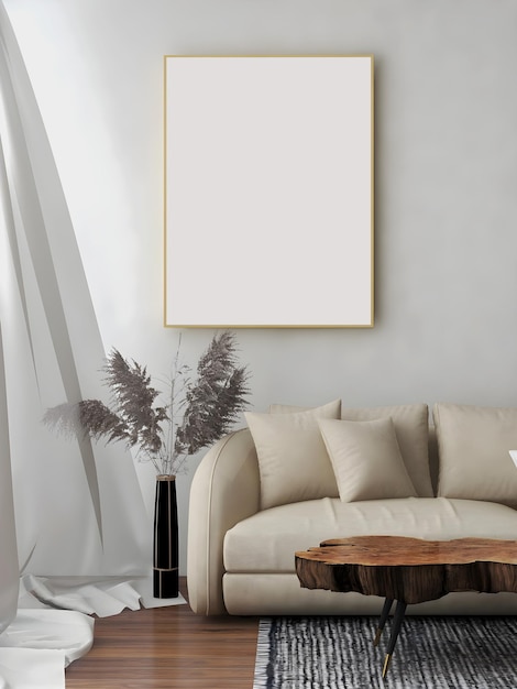 Mockup frame in room with empty frame white sofa pampas and
drapes 3d rendering