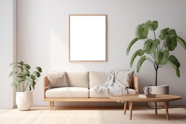 Foto mockup di una cornice in un interno scandinavo con un divano piante e pareti bianche