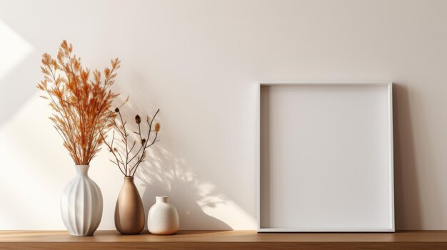 Mockup frame on table ceramic vase with dry grass and sunlight shadow