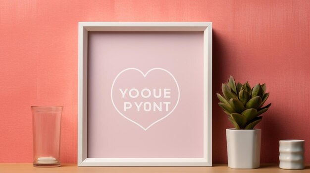 Photo mockup frame in the valentine's day with white shelf on pink color wall