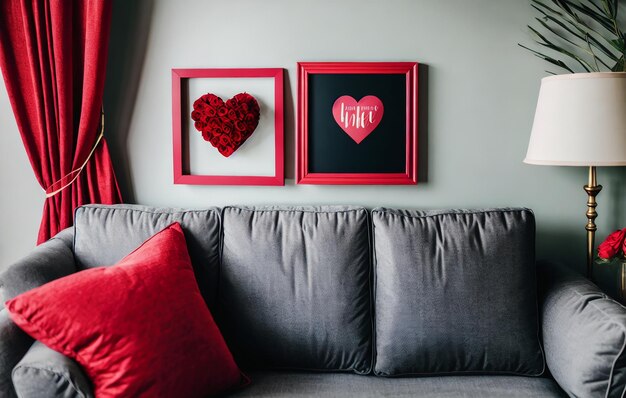 Mockup frame in the valentine_s room with have sofa and home decor for valentine's day