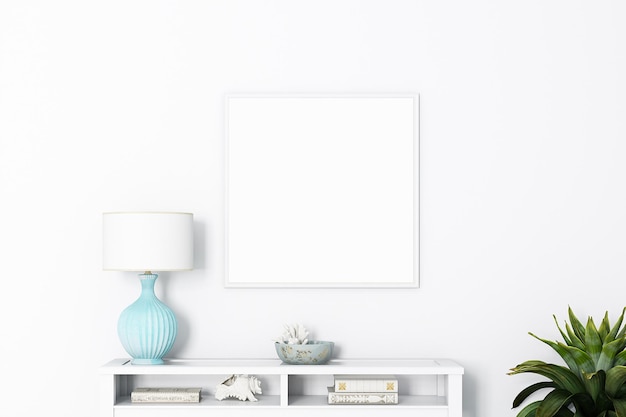 Mockup frame on a white wall with a plant and a plant