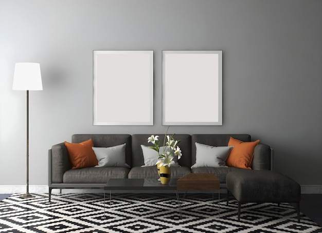 Mockup frame with 2 frames gray orange pillows gray sofa floor
lamp and carpet