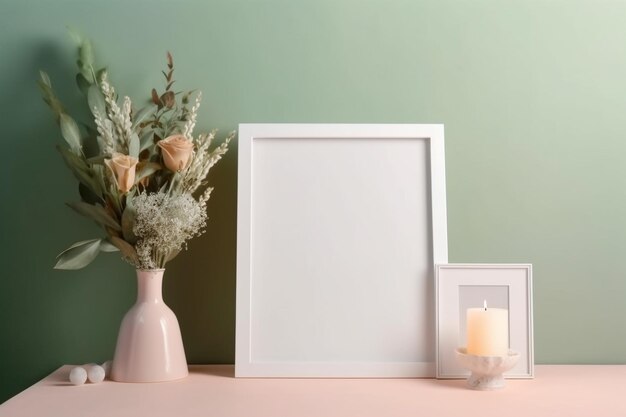 Mockup A frame with a candle and a vase of flowers on a table