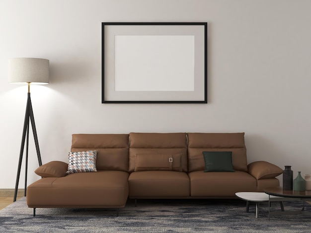 Mockup frame with empty frame living room with brown sofa\
pillow carpet coffee table and floor