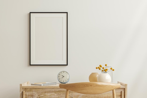 Mockup frame on work table in living room interior on empty white wall background.3d rendering