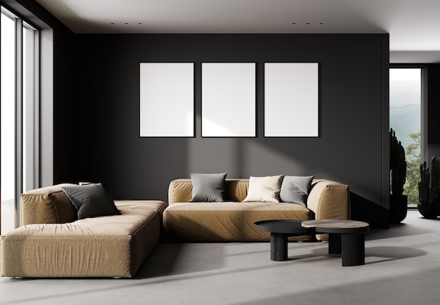 Mockup frames in donker interieur met sofa loft 3d render
