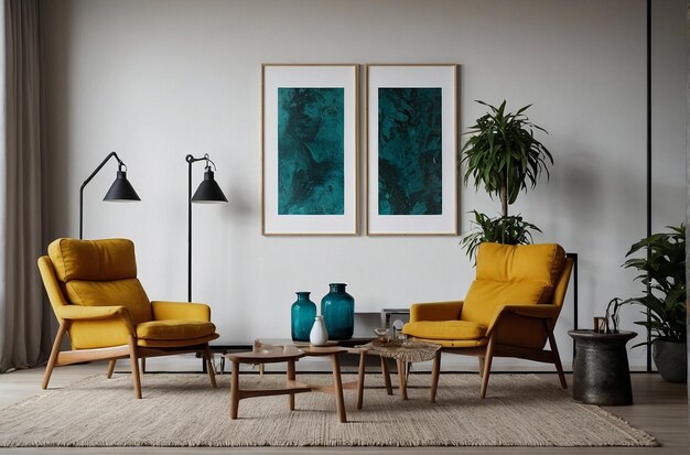 Mockup frames in het interieur van de woonkamer met stoel en decor in Scandinavische stijl