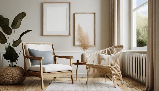 Mockup frames in living room interior with chair and decorScandinavian style