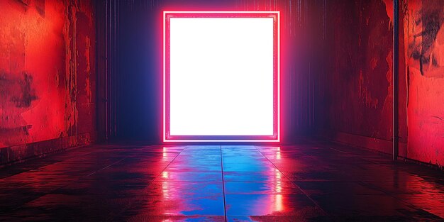 Mockup futuristic sci fi modern neon glowing rectangle frame purple pink blue colored lights in dark