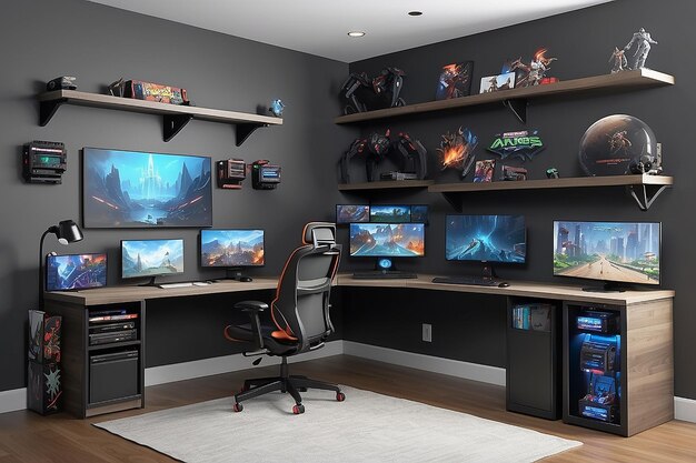 Photo a mockup of a gaming setup with a corner desk modular storage and an empty wall for changing gamethemed displays