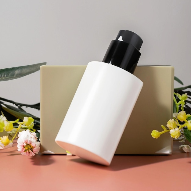 Mockup glass bottle natural floral serum dropper lotion treatment for skin care cosmetic product