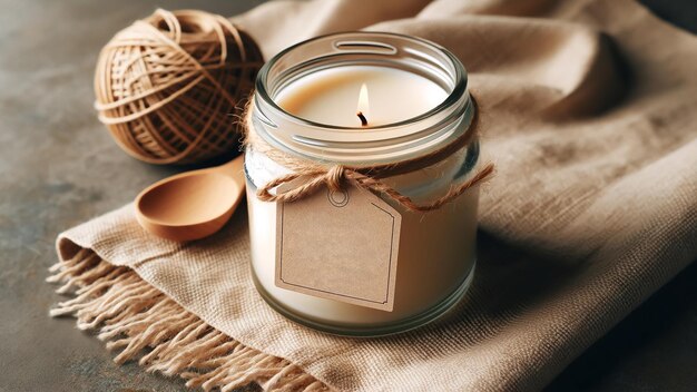 mockup on a glass jar with a handmade candle set against a coarse textile background