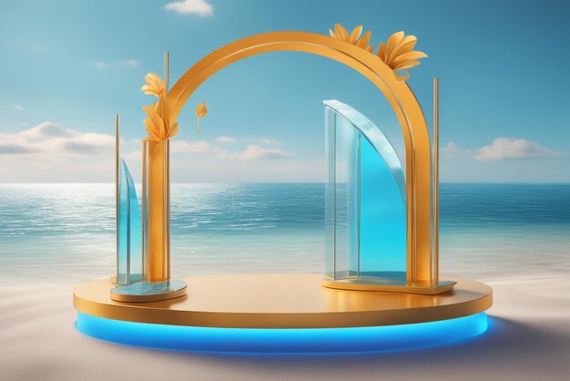 Mockup glassy beach podium for product presentation with blue nature background and beach and cloud