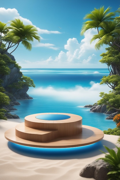 青い自然の背景とビーチと雲を持つ製品プレゼンテーション用のモックアップガラスビーチ表彰台