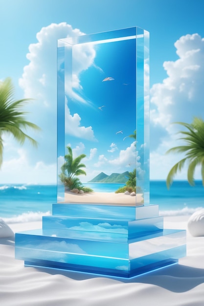 Mockup glassy beach podium for product presentation with blue nature background and beach and cloud