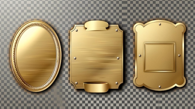 Photo mockup of gold or brass plaques round oval and rectangular frames for nameplates on transparent background realistic 3d modern set of metal badges and identification tags