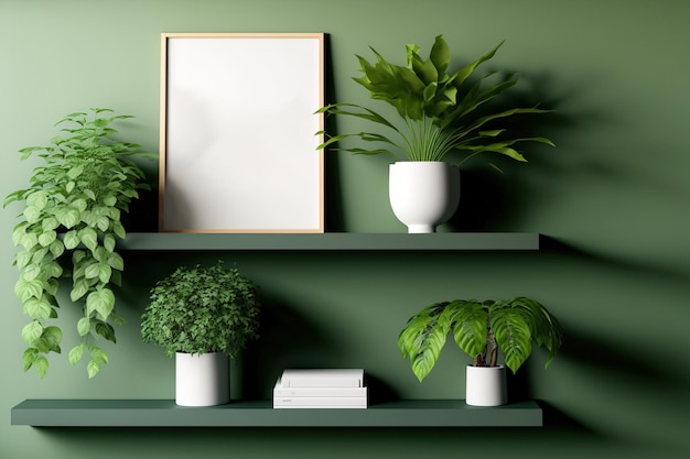 Mockup of a green wall inside with a shelf and a green plant