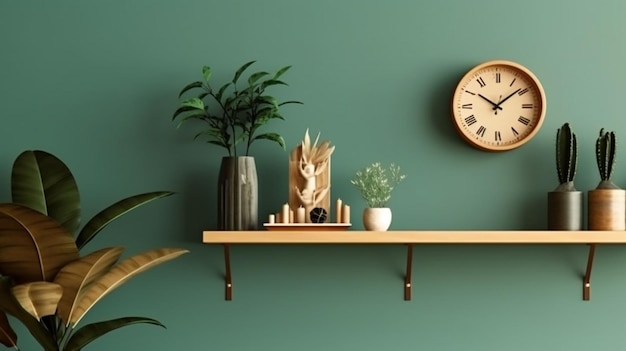 Mockup green wall with a wooden