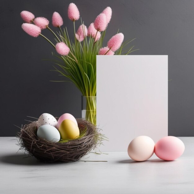 Mockup of a greeting card next to Easter eggs in a wicker basket with spring flowers