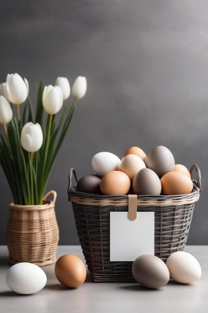 Mockup of a greeting card next to Easter eggs in a wicker basket with spring flowers