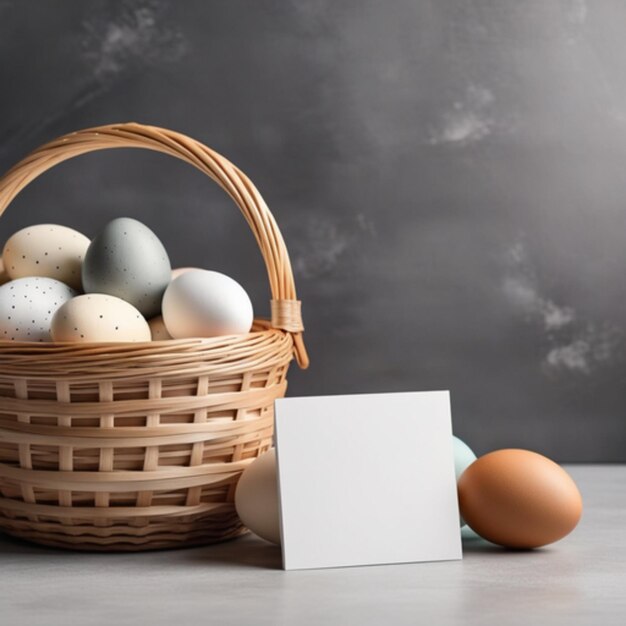Mockup of a greeting card next to Easter eggs in a wicker basket