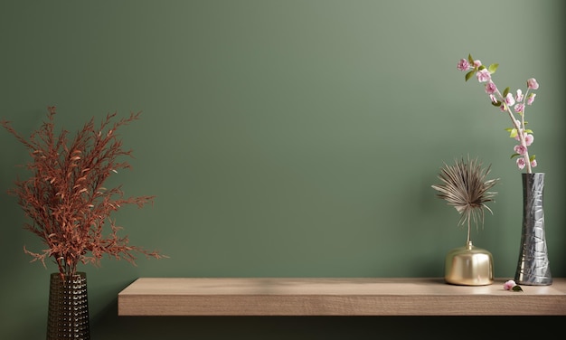 Mockup groene muur met houten plank en accessoires decoratie