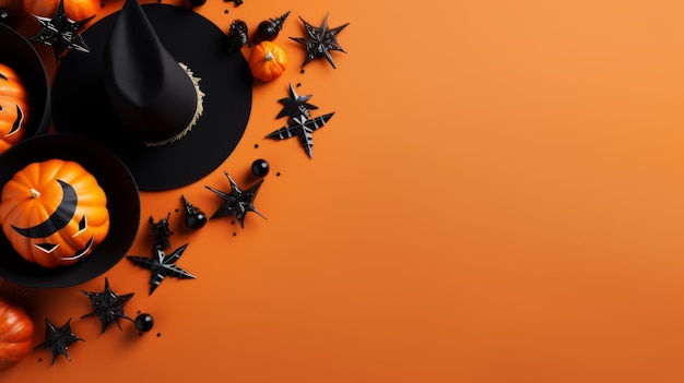 mockup for Halloween text in the form of a solid background and pumpkins and witch hat