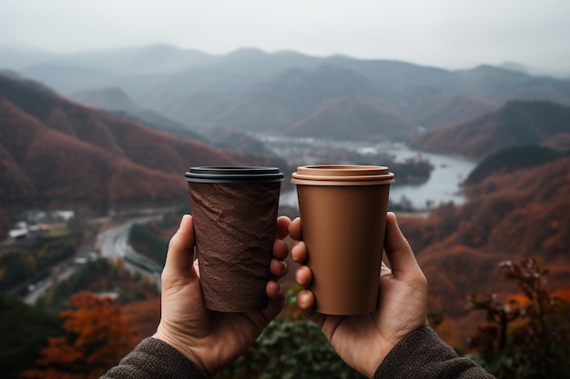 コーヒーカップスタンドを持つ手のモックアップ