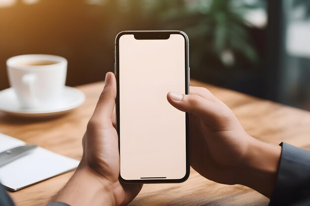 空の画面で現代のスマートフォンを握っている手のモックアップ