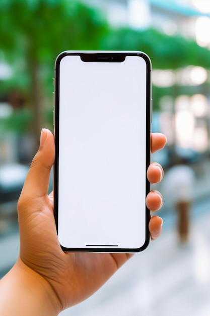 Mockup of hand holding a smartphone with white screen