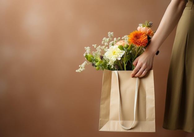 Mockup Hand With A Shopping Bag Full Of Flowers In The Style Of