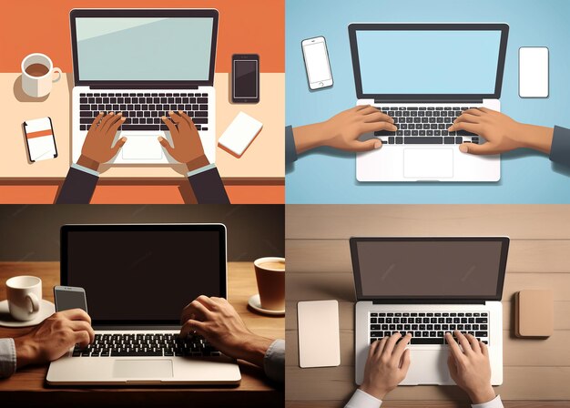 Photo mockup hands using phone a laptop on desk with blank blank scre