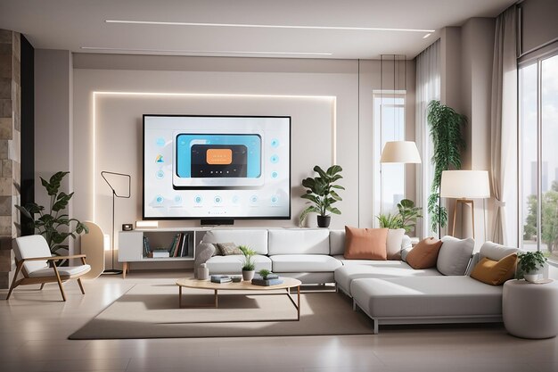 A mockup of a hightech smart home living room with automation features