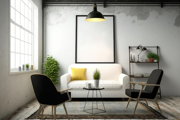 Mockup of a hipster living room with a table two chairs a light and an empty frame Loft house design
