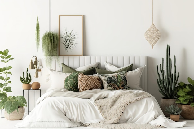 Mockup of a home bedroom interior with bed green plaid cushions and plants on a background of an empty white wall Vacant space to the right