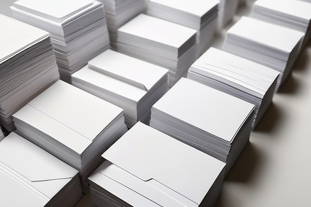 Mockup of horizontal business cards stacks arranged in rows at white textured paper background