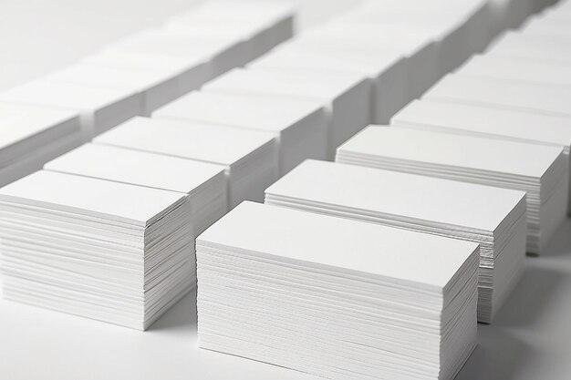 Mockup of horizontal business cards stacks arranged in rows at white textured paper background