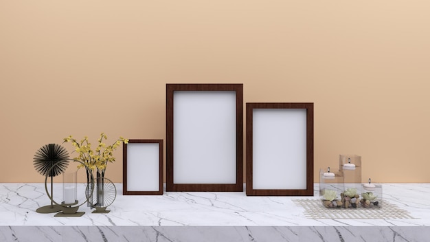 Mockup houten frame op tafel met accessoires op lege crème muur, 3D-rendering
