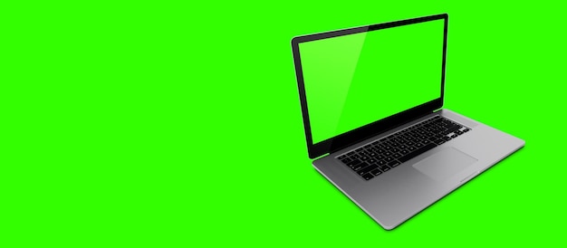 Mockup image of 3D rendering White laptop or notebook pc with blank green screen on green background suitable for your design element